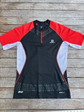 Salomon Black, Red & White Short Sleeve Performance Top